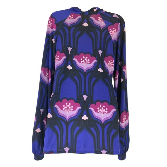 Purple Floral Long-Sleeve‎ Blouse With Bow Tie Neck Large Retro Seventies Sexy - Picture 2 of 4